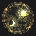 Hand Drawn Sun and Moon in Engraving Oriental Style