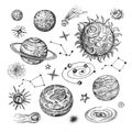 Hand drawn sun, planets, stars, comet, asteroid, galaxy. Vintage astronomical vector illustration in engraving style