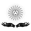 Hand drawn Sun with woman hands, Moon, eye and stars in line art. Spiritual symbol celestial space. Magic talisman, antique style Royalty Free Stock Photo