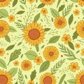 Hand Drawn Sunflower and Leaves Seamless Pattern Royalty Free Stock Photo