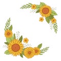 Hand Drawn Sunflower and Leaves Wreath Border Frame Natural Colors Royalty Free Stock Photo