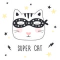 Hand drawn Super Cat. Children print. Royalty Free Stock Photo