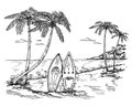 Hand drawn surf paradise. Sketch palm trees, surfboard and tropical beach vector background illustration