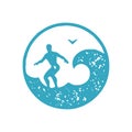 Hand drawn surfer riding on board at sea wave seagull circle logo decorative design grunge texture Royalty Free Stock Photo