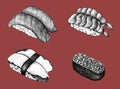 Hand drawn sushi set on red background Royalty Free Stock Photo