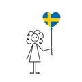 swedish girl, love Sweden sketch, a girl with a heart shaped balloon, black line vector illustration