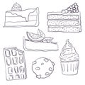 Hand drawn sweet cakes slices set vector illustration. Doodle illustration. Cake pieces, chocolate, cokie and sweets in doodle