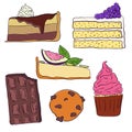 Hand drawn sweet cakes slices set vector illustration. Doodle illustration. Cake pieces, chocolate, cokie and sweets in doodle