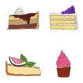 Hand drawn sweet cakes slices set vector illustration. Doodle illustration. Cake pieces, chocolate, cokie and sweets in doodle Royalty Free Stock Photo