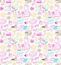 Hand drawn sweets and candies pattern. Vector doodles. Isolated food on white background. Seamless texture. Royalty Free Stock Photo