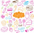 Hand drawn sweets and candies set. Vector doodles. Isolated food on white background. Royalty Free Stock Photo