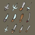 Hand drawn Swords and knives collection. Different types.