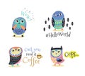 Hand drawn symbols, icons, illustrations with owls Royalty Free Stock Photo