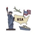 Hand-drawn symbols and map of USA. Statue of Liberty and flag of the United States of America. Vector illustration on white Royalty Free Stock Photo