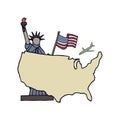 Hand-drawn symbols and map of USA. Statue of Liberty and flag of the United States of America. Vector illustration on  white Royalty Free Stock Photo