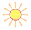 Hand drawn syn symbol in hatching, scribe style, continuous line of colorful sun doodle