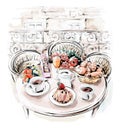 Hand drawn table set with french breakfast. Stylish Paris balcony with table.