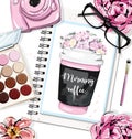 Hand drawn table set with papers, drawing coffee cup, flowers, eye shadows, pink camera, brush and eyeglasses. Flat lay.