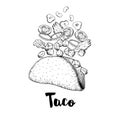 Hand drawn taco. Sketch style illustration of constructor taco. Flying isolate ingredients. Meat pieces, onion rings, tomato, cucu Royalty Free Stock Photo