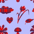 Hand drawn tartan flowers and mushroom in a seamless pattern on blue background. Red and violet checkered decor Royalty Free Stock Photo