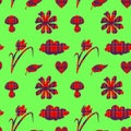 Hand drawn tartan summer garden seamless pattern on green background. traditional vintage English plaid cutted flowers.