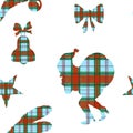 Hand drawn tartan texture Christmas ornaments in a seamless pattern on white background. Santa Clause and stars with