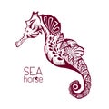 Hand drawn, tattoo stylised seahorse. Marine life sketch zentangle