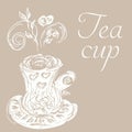 Hand drawn tea or coffee cup illustration in engraving style for menu or cafe. Vector Arab coffee cup. Antique Arabian tea. Hand