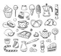 Hand drawn tea cup, coffee, cakes, sweets fun vector doodle Royalty Free Stock Photo