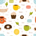 Hand drawn tea seamless pattern. Set of tea party symbols, objects and elements. Cute and funny background Royalty Free Stock Photo