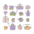 Hand drawn teapot, cups and mugs collection. Perfect for tee, stickers, towel, poster and print. Flat vector illustration isolated