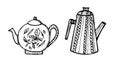 Hand drawn teapots set. Doodle style teapots and coffee kettles isolated on white background. Royalty Free Stock Photo