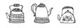 Hand drawn teapots set. Doodle style teapots and coffee kettles isolated on white background. Royalty Free Stock Photo