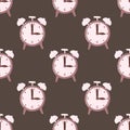 Hand drawn technic seamless pattern with doodle alarm clock print. Brown background. Morning artwork Royalty Free Stock Photo