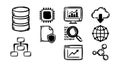 Hand drawn technology icons set showing database chip monitor analytics cloud download network structure security file magnifier Royalty Free Stock Photo