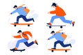 Hand Drawn Teenage characters playing skateboards in flat style