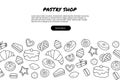 Hand drawn template with sweets such as cake, donut, cupcake, croissant. Doodle sketch style