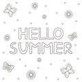 Hand drawn text Hello summer, flowers and butterflies. Coloring Royalty Free Stock Photo