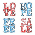 Hand Drawn Text. Love hope free and sale. Vector Royalty Free Stock Photo