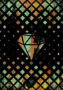 Hand drawn texture composition with green and orange colors on a dark background, with abstract rhombuses
