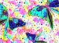 Hand drawn textured artistic background with insect. Creative wallpaper with butterflies in rainbow colors. Royalty Free Stock Photo