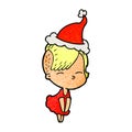 hand drawn textured cartoon of a squinting girl in dress wearing santa hat