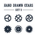 Hand drawn textured gears icons set.