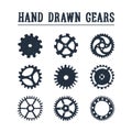 Hand drawn textured gears icons set.