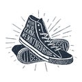 Hand drawn textured vintage badge with sneakers vector illustration