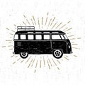 Hand drawn textured vintage icon with minivan vector illustration