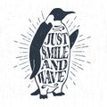 Hand drawn textured vintage label with emperor penguin vector illustration.