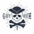 Hand drawn textured vintage label with pirate skull vector illustration.