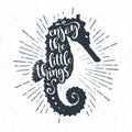 Hand drawn textured vintage label with seahorse vector illustration.