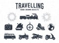 Hand Drawn Textured Vintage Travel Icons Set.